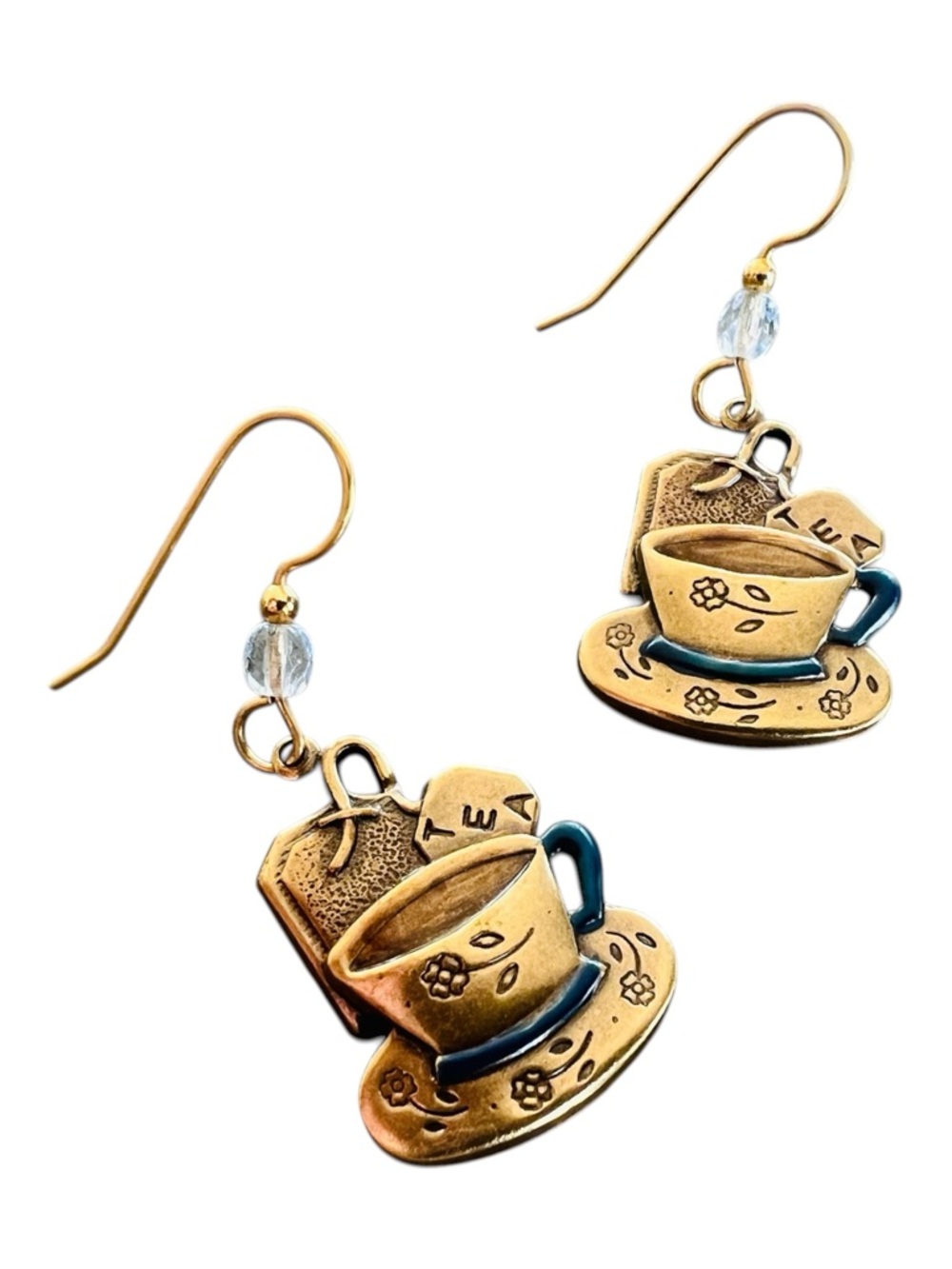 Tea Cup Drop Earrings – Brass Tone with Blue Accents & Crystal Detail
